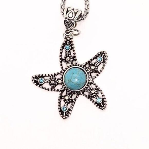 Silver-Tone Turquoise Starfish Necklace - Picture 3 of 7